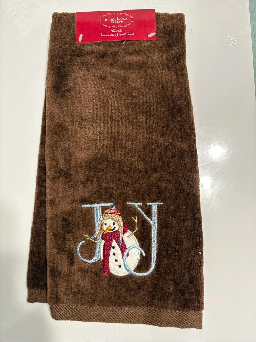 St. Nicholas Square Yuletide Hand Towel Christmas Snowman Brown Embroidered Joy